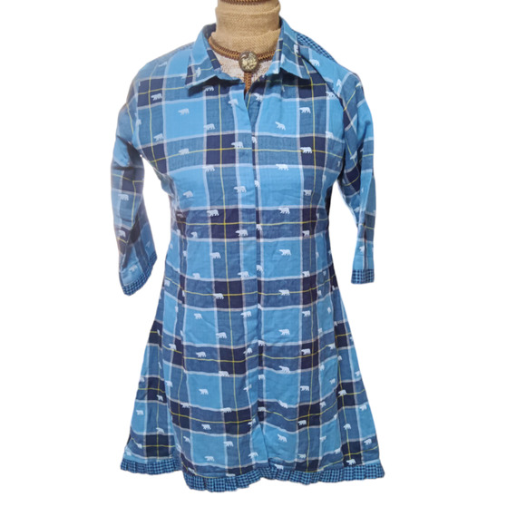 SAAR by Rajkumar's Blue Plaid Bear flax 3/4 sleeve button down tunic size S - Picture 2 of 6